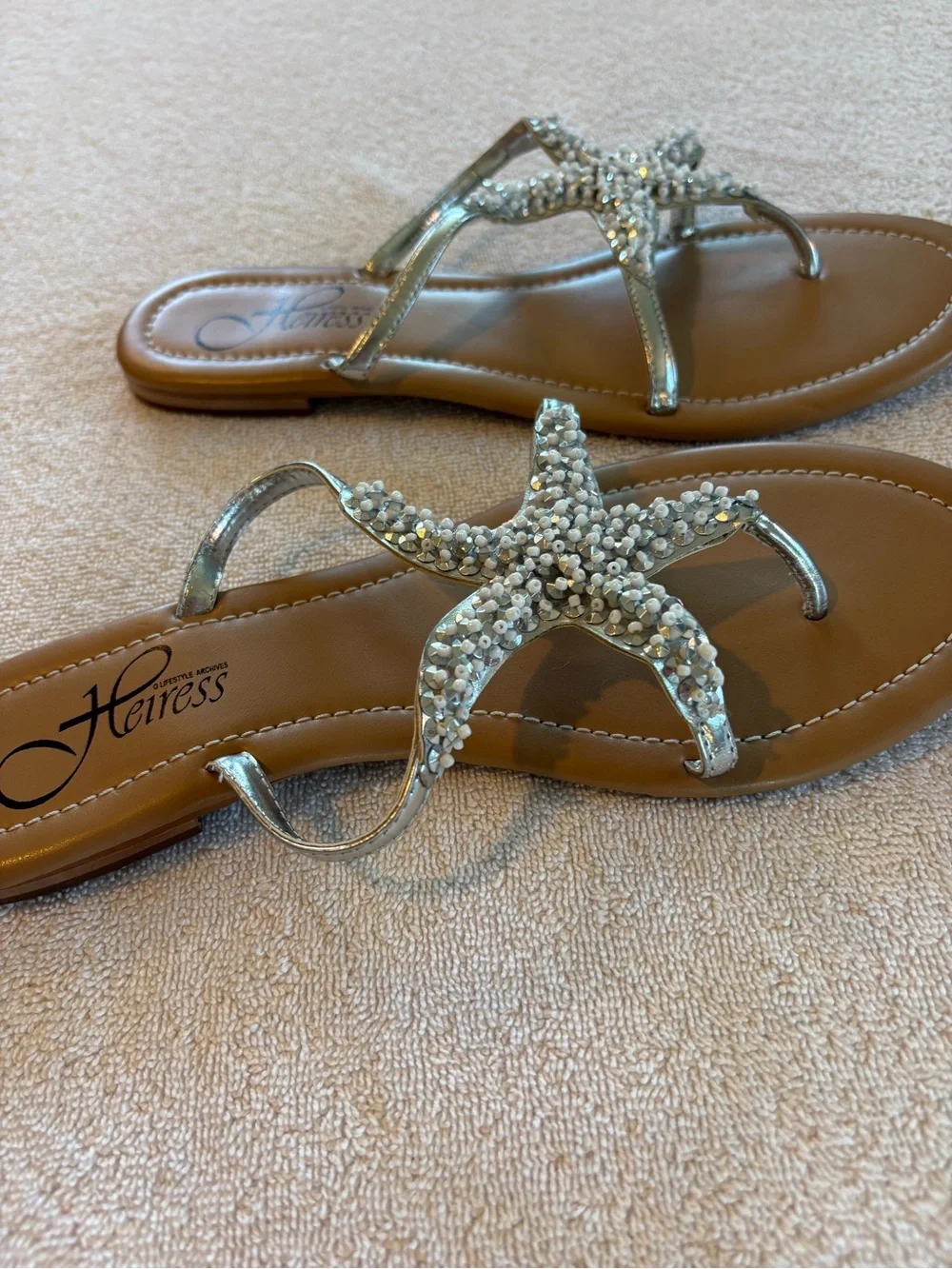 Heiress Silver Beaded Starfish Sandals Size 8 NWOT